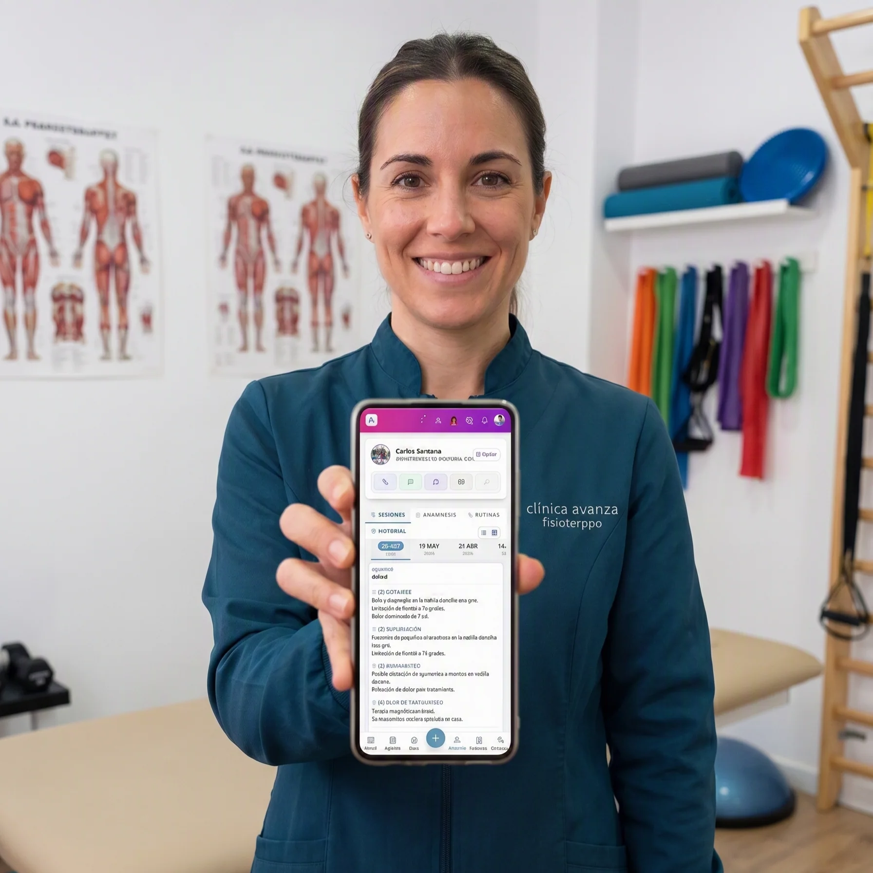 Directora de clínica de fisioterapia usando AI.FISIO en consulta